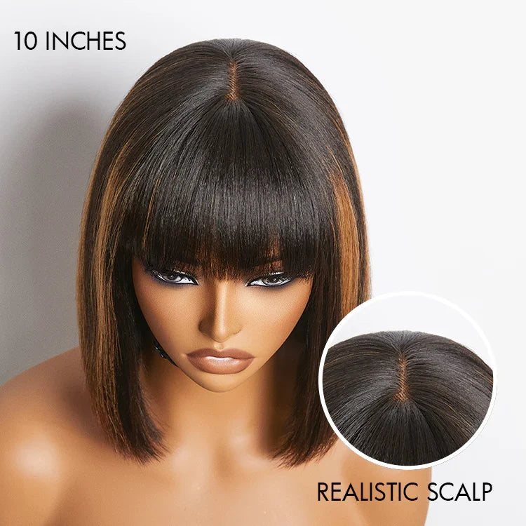 WOrth I Brown Highlight Realistic Glueless Yaki Straight Bob with Bangs Minimalist Lace Bob Wig Put on & Go