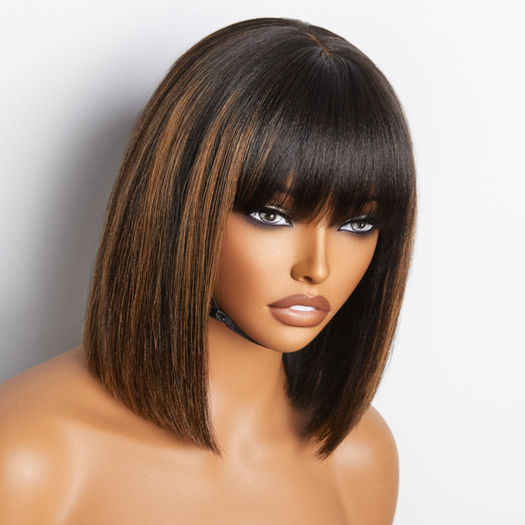 WOrth I Brown Highlight Realistic Glueless Yaki Straight Bob with Bangs Minimalist Lace Bob Wig Put on & Go