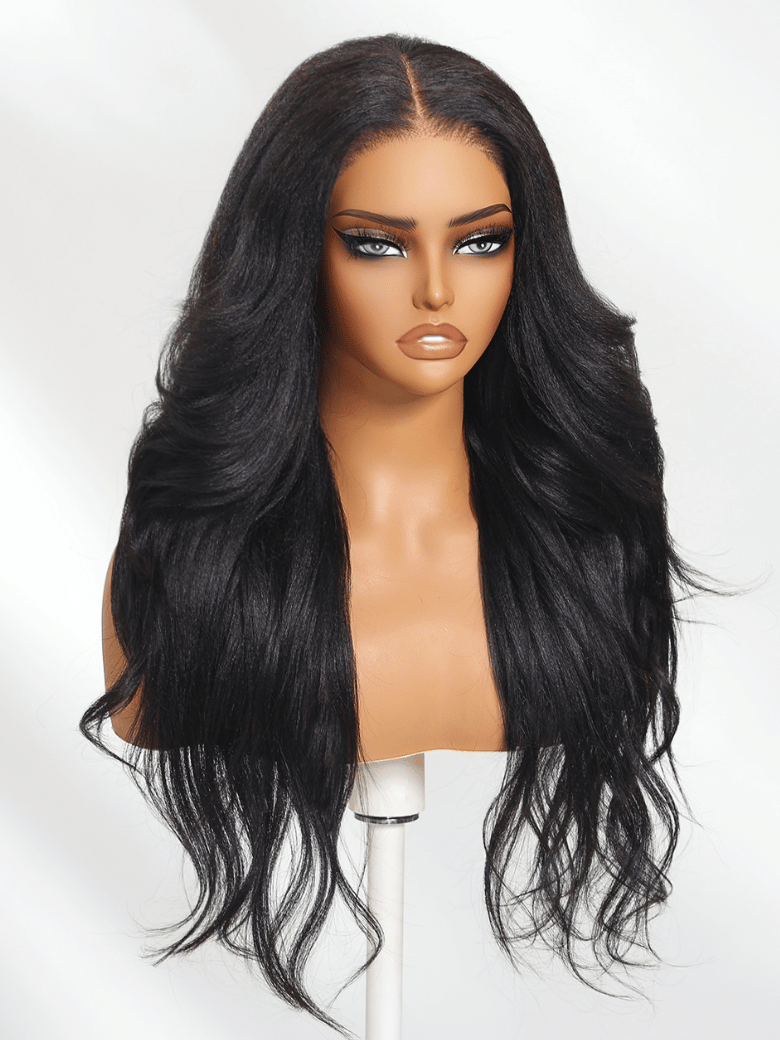 The UNice Bye Bye Knots 7x5 Natural Lace Black Yaki Wig with Soft Layers & Pre-Plucked product image shows a long black wig with bangs and yaki texture, 7x5, lace finish.