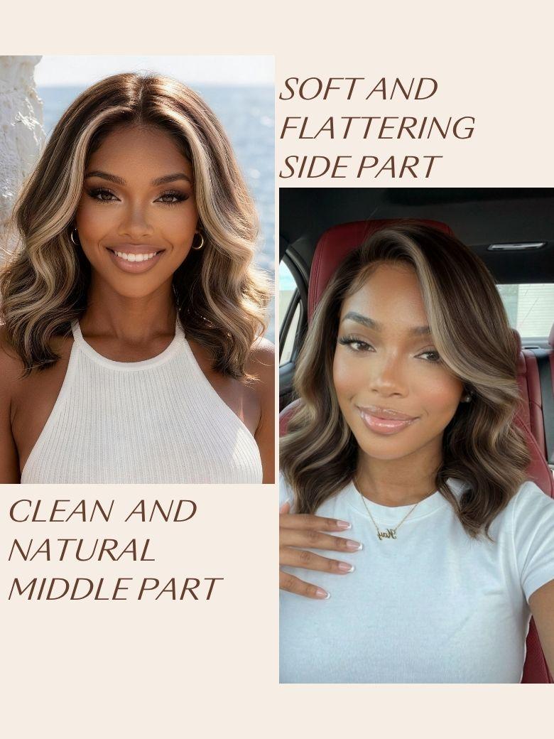 A model displays the UNice With Drawstring UNice 13x4 Pre-Everything Pre-Cut Lace Frontal Dark Brown with, showing a model with blonde hair and a white top with a blonde.