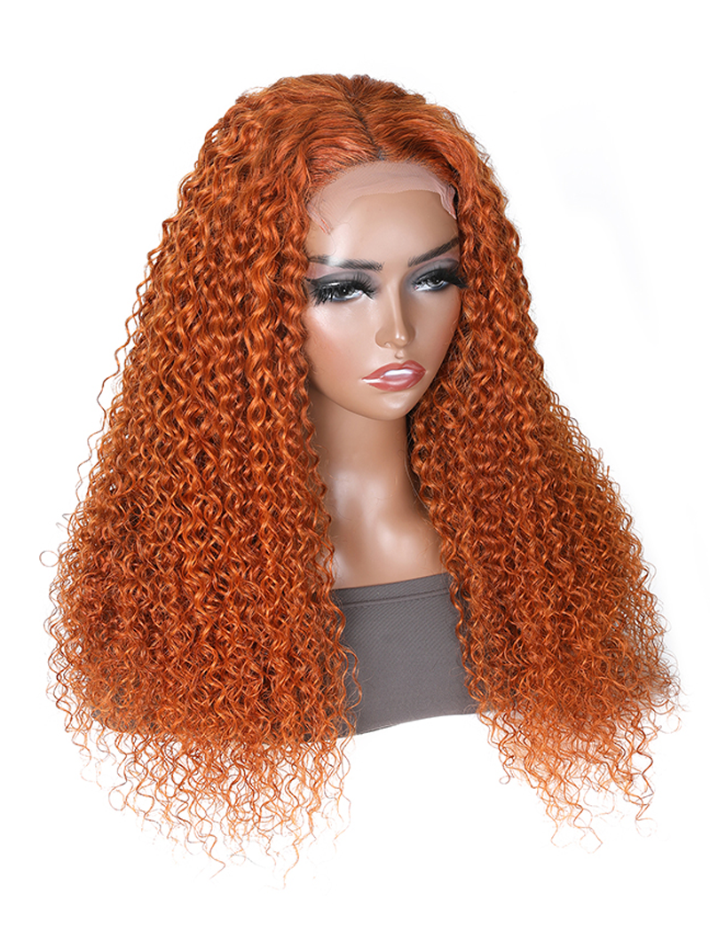 The UNice Hot Ginger Color Glueless Lace Jerry Curly Human Hair Lace Part Wig 150% Density product image shows a wig with long curly hair and a grey top and jerry curl.