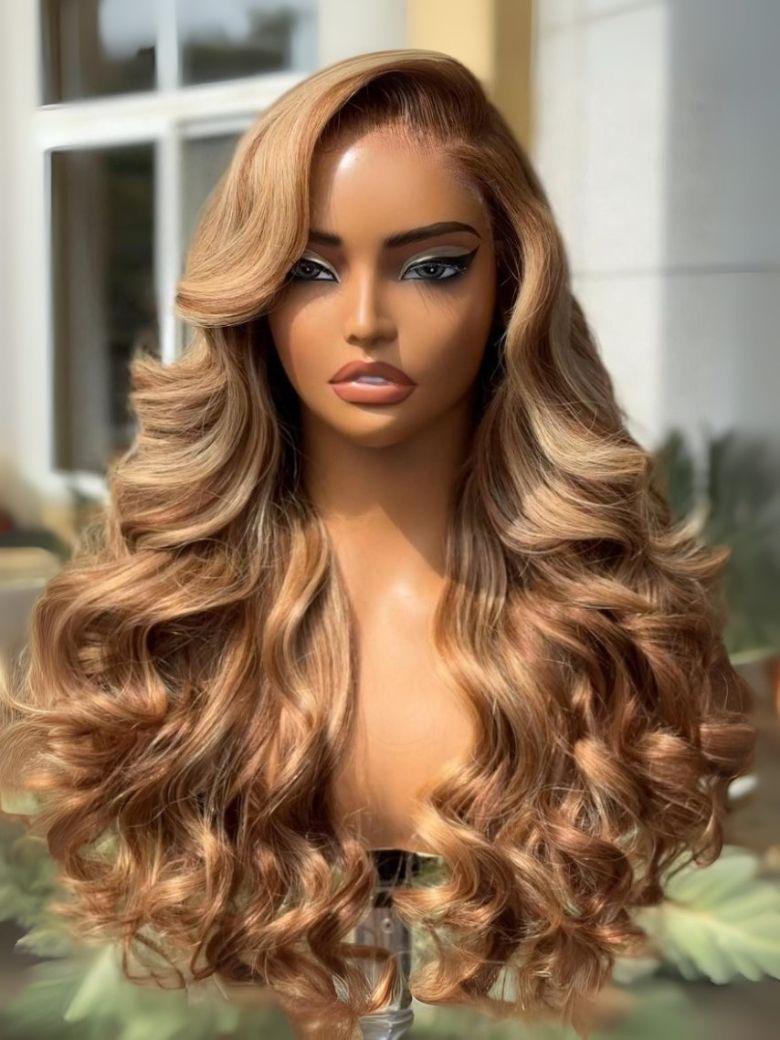 The UNice 7x5 Glueless Lace Bye Bye Knots Wig Pre-Cut Honey Blonde Body Wave Wig product image shows a wig with long blonde hair and a brown wig and body wave texture.