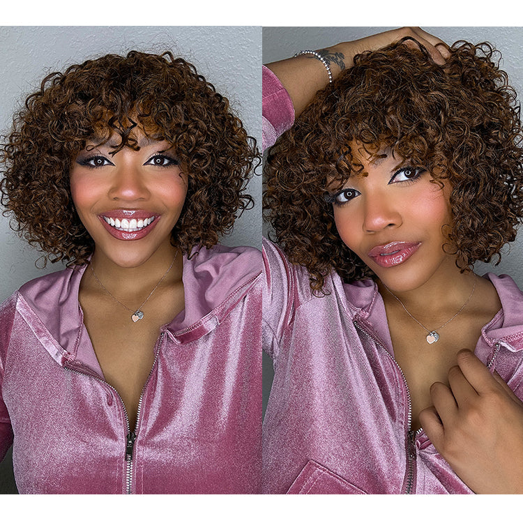 Worth | Throw On & Go Brown Color Water Wave with Bangs No Lace Glueless Wig
