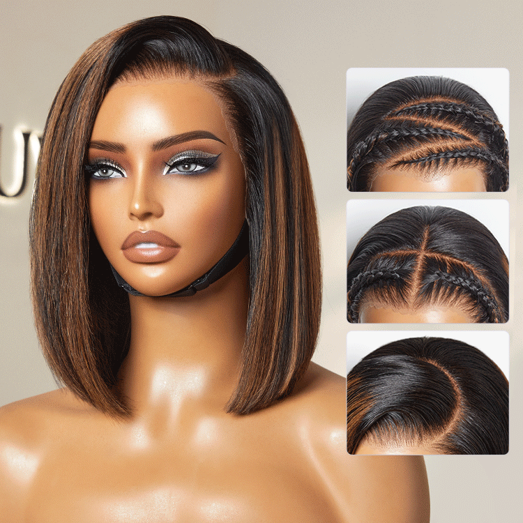 [youngmom_raising_girls]'s Special Link PreMax Wigs | Brown Highlight Silky Blunt Cut Bob Glueless Lace Wig With Pre-Bleached Pre-Plucked Pre-Cut Lace