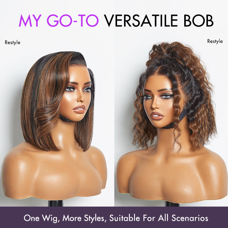[ zamashimane]'s Special Link PreMax Wigs | Brown Highlight Silky Blunt Cut Bob Glueless Lace Wig With Pre-Bleached Pre-Plucked Pre-Cut Lace