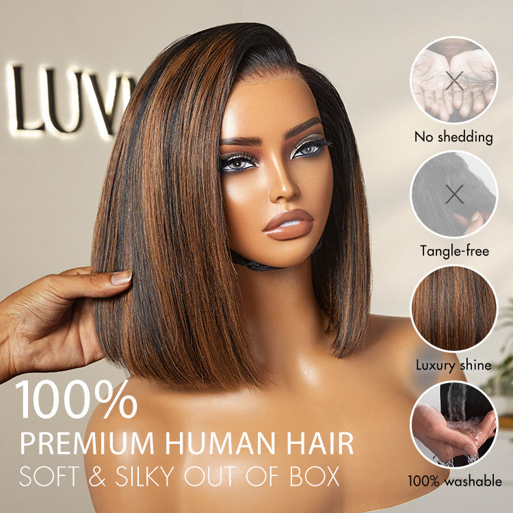[innocentiam]'s Special Link PreMax Wigs | Brown Highlight Silky Blunt Cut Bob Glueless Lace Wig With Pre-Bleached Pre-Plucked Pre-Cut Lace