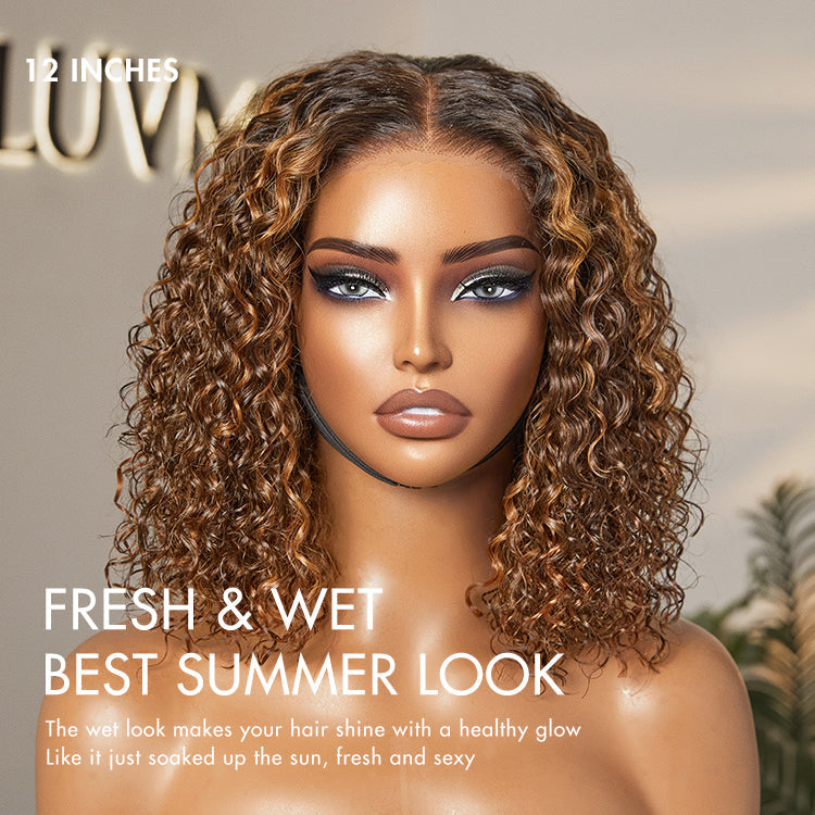 1 SEC INSTALL WIG | Ombre Brown Highlight / Natural Black Deep Curly Glueless 5x5 Closure Lace Wig Pre-Cut Lace