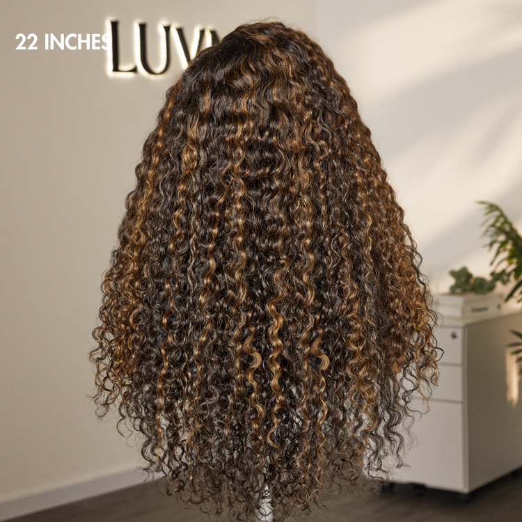 Special Price | Brown Highlights Funmi Curly Glueless 7x6 Closure Lace Long Curly Wig Beginner Friendly | Large & Small Cap Size