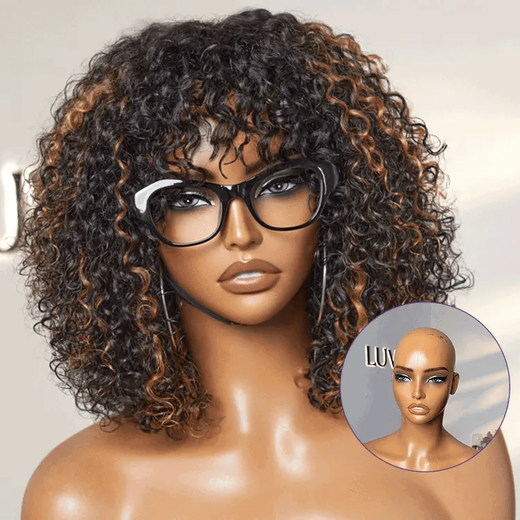 Worth | Water Wave Brown Highlight Glueless Short Curly Wig with Bangs
