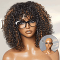 Worth | Water Wave Brown Highlight Glueless Short Curly Wig with Bangs