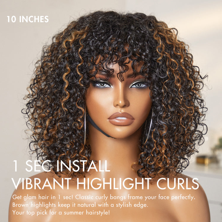 Worth | Water Wave Brown Highlight Glueless Short Curly Wig with Bangs
