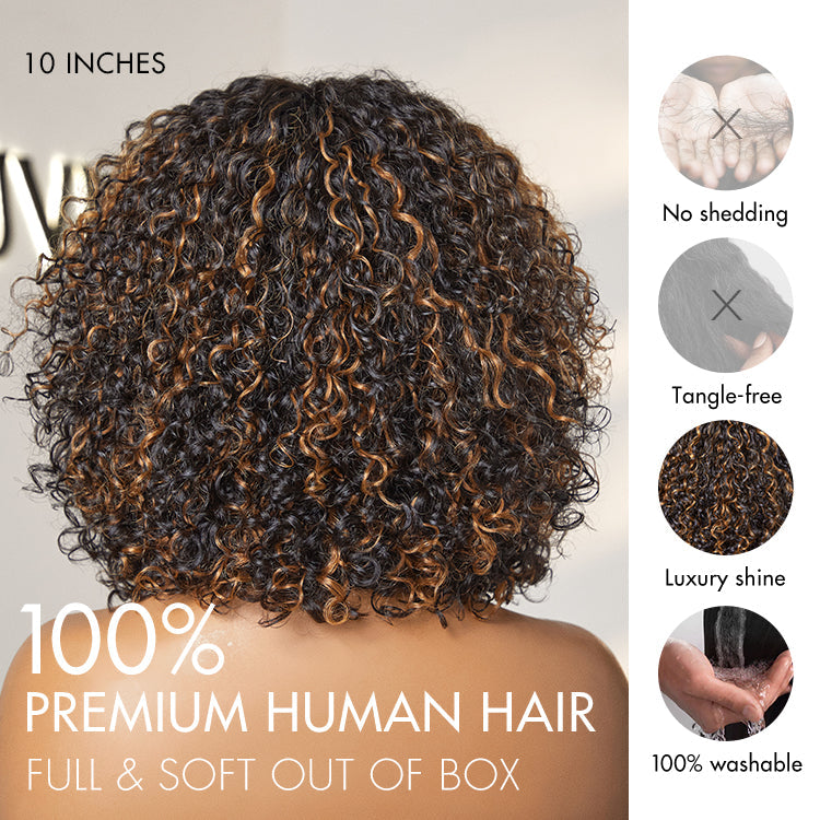 Worth | Water Wave Brown Highlight Glueless Short Curly Wig with Bangs