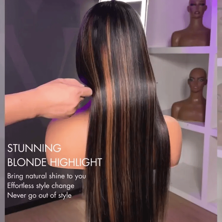 [khafu_]'s Special Link PreMax Wigs | Ultra Natural Hairline Brown Highlight & Natural Black Silky Straight Glueless 13x4 Frontal Lace Long Wig Pre-Cut Lace