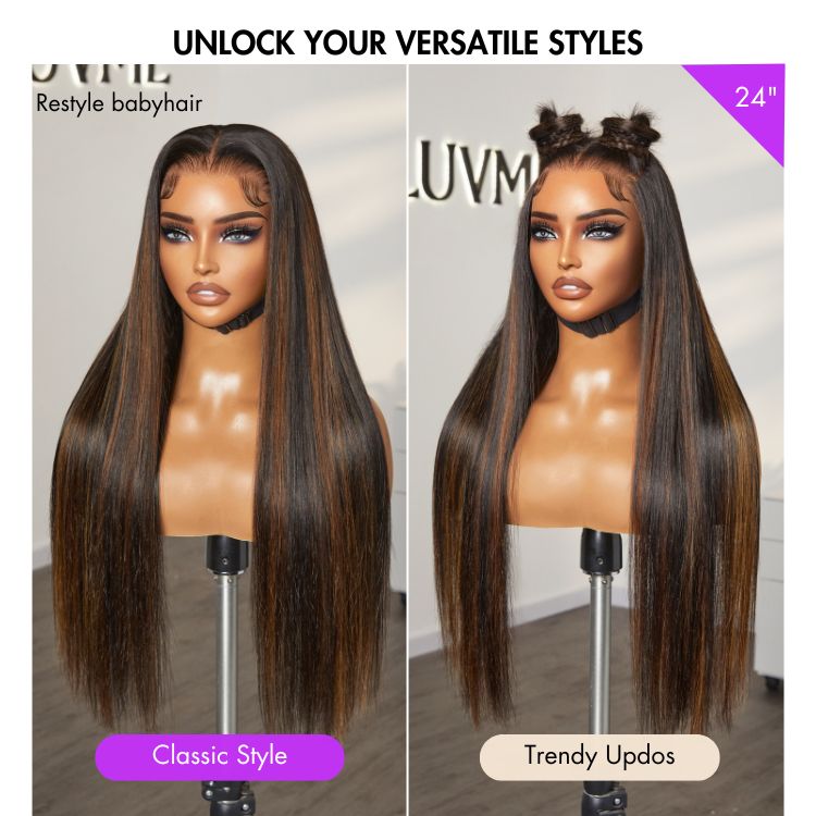 [judy_logan01]'s Special Link PreMax Wigs | Ultra Natural Hairline Brown Highlight & Natural Black Silky Straight Glueless 13x4 Frontal Lace Long Wig Pre-Cut Lace