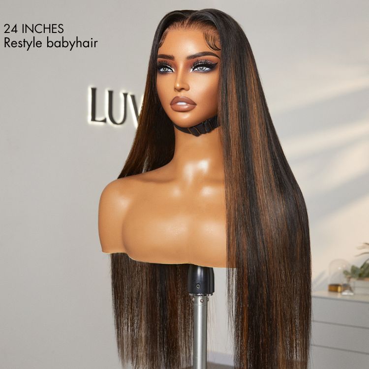[thandeka_maluleke]'s Special Link PreMax Wigs | Ultra Natural Hairline Brown Highlight & Natural Black Silky Straight Glueless 13x4 Frontal Lace Long Wig Pre-Cut Lace