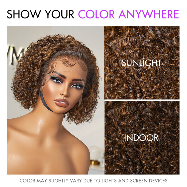Special I Brown Highlight Short Cut Slicked Back Curly Ear-to-ear Wide T Lace Wig