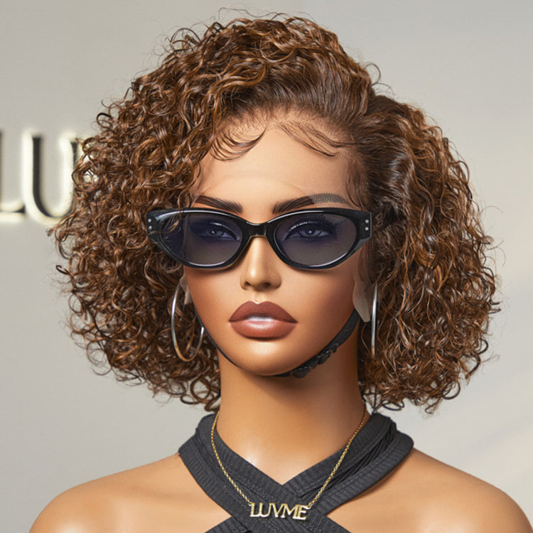 Jet Black / Brown Highlight Short Cut Slicked Back Curly Ear-to-ear Wide T Lace Wig
