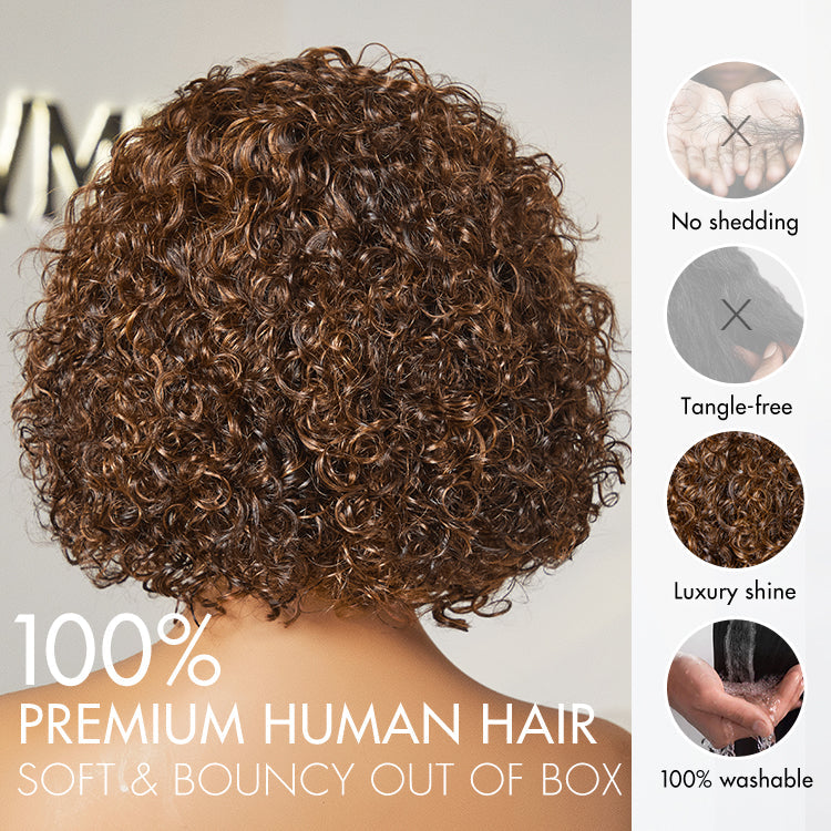 Outlet I Brown Highlight Short Cut Slicked Back Curly Ear-to-ear Wide T Lace Wig