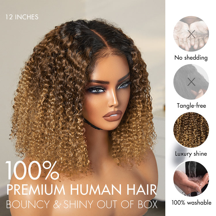 outlet | 1 SEC INSTALL WIG | Sun-kissed Ombre Blonde Kinky Curly Glueless 5x5 Clouse Pre-Cut Lace Shoulder Length Wig
