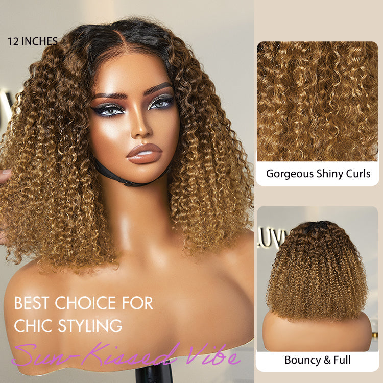 outlet | 1 SEC INSTALL WIG | Sun-kissed Ombre Blonde Kinky Curly Glueless 5x5 Clouse Pre-Cut Lace Shoulder Length Wig