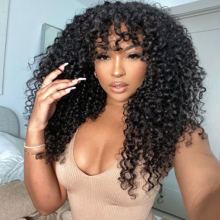 Worth | Natural Black Deep Wave Wigs No Lace With Bang