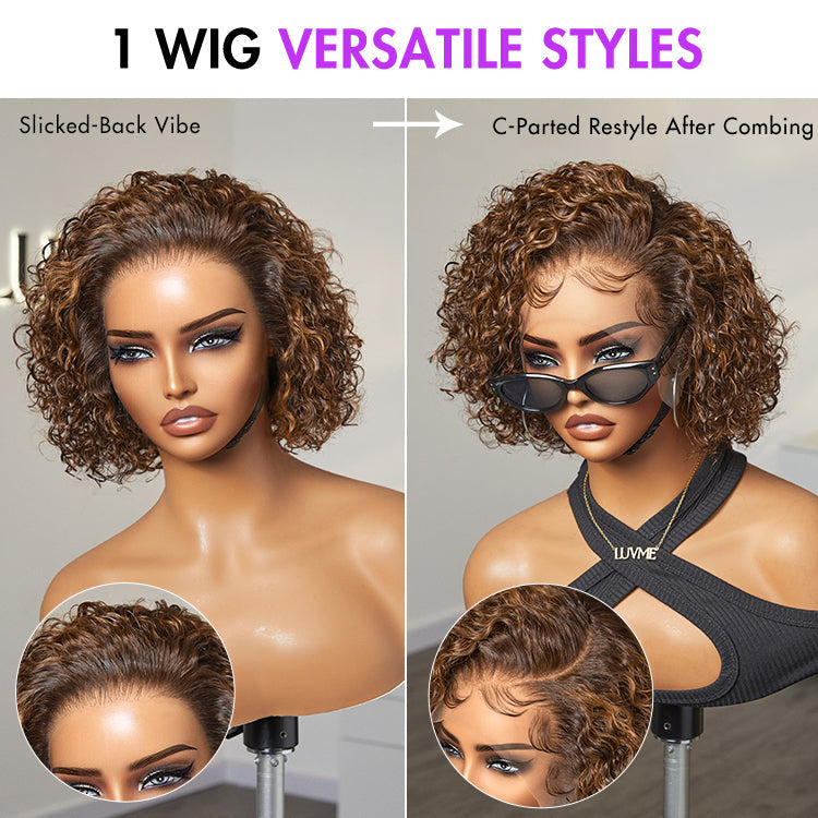 Special I Brown Highlight Short Cut Slicked Back Curly Ear-to-ear Wide T Lace Wig