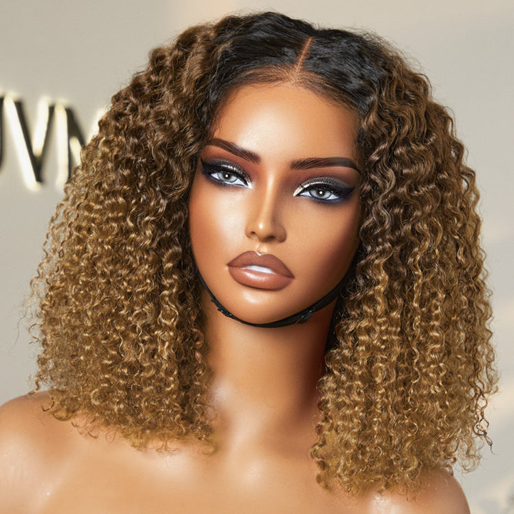 outlet | 1 SEC INSTALL WIG | Sun-kissed Ombre Blonde Kinky Curly Glueless 5x5 Clouse Pre-Cut Lace Shoulder Length Wig