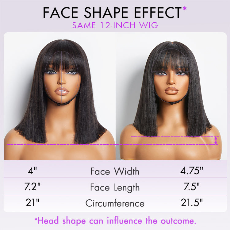 Worth | Put On and Go Realistic Glueless Yaki Straight Bob with Bangs Minimalist Lace Wig 100% Human Hair