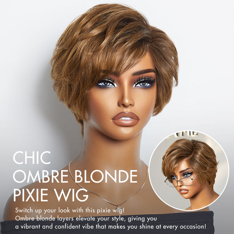 Worth | 4 Inches  | Lightweight Ombre Blonde Mature Boss Pixie Cut Wig Glueless Pre-Cut Minimalist Lace Human Hair Wig