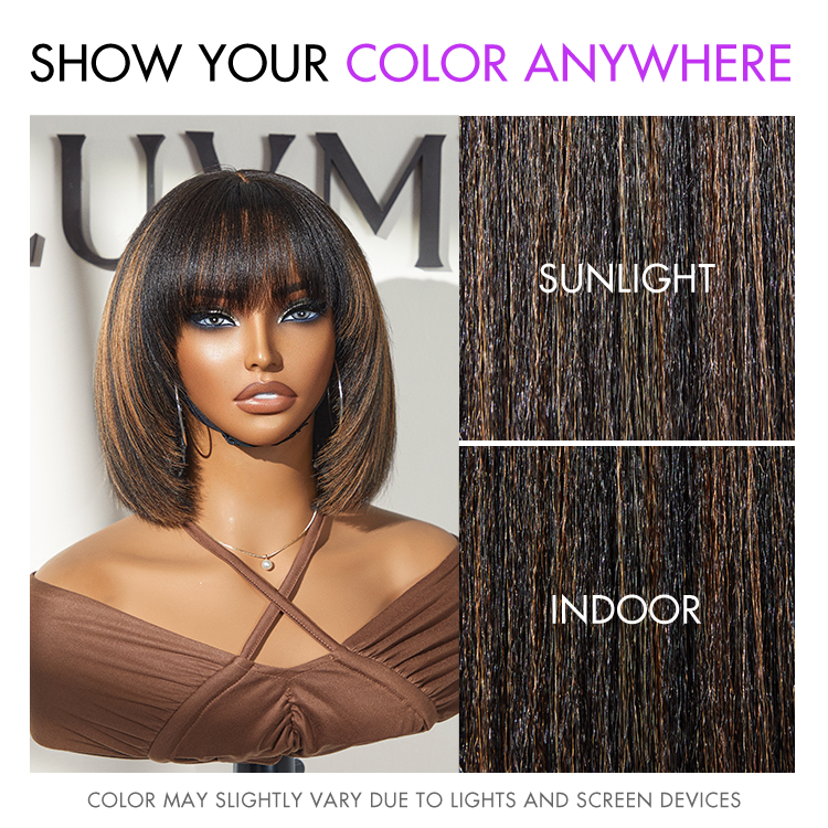 Outlet | Put On and Go Reddish Purple / Ash Blonde Highlight / Brown Highlight / Natural Black Layered Cut Yaki Straight Minimalist Lace Bob Wig