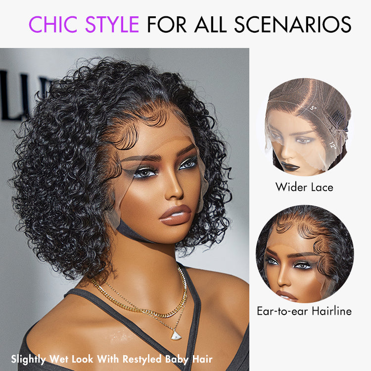 Jet Black / Brown Highlight Short Cut Slicked Back Curly Ear-to-ear Wide T Lace Wig