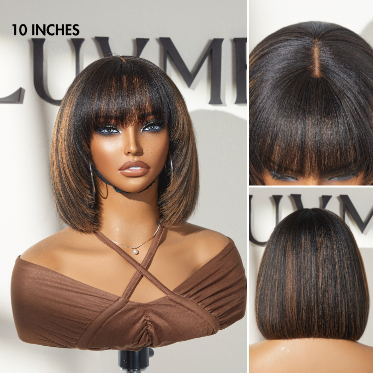 special I Put On and Go Brown Highlight / Natural Black Layered Cut Yaki Straight Minimalist Lace Bob Wig with Bangs