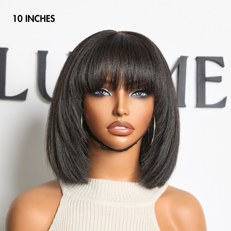 special I Put On and Go Brown Highlight / Natural Black Layered Cut Yaki Straight Minimalist Lace Bob Wig with Bangs