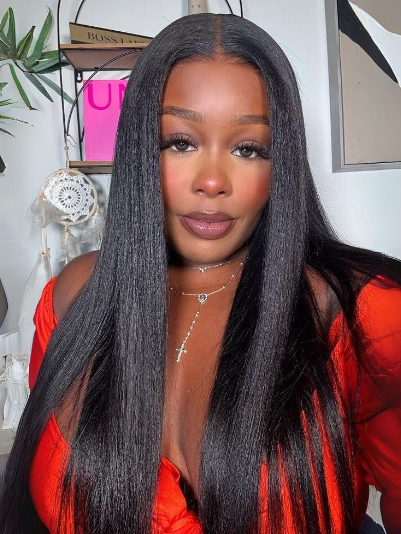 A model displays the UNice Hair Bundle 1 Pc/pack Yaki Virgin Human Hair, showing a model with long black hair wearing a red top and yaki texture, bundle fullness.