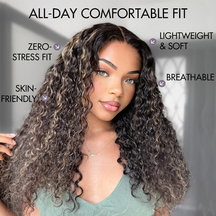 Worth I AiryFit™ Scalp Care Wigs - Blonde Highlight Water Wave Snugfit Glueless 5x5 Closure Lace Long Curly Wig Pre-Cut Lace