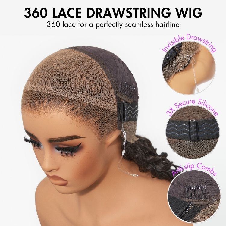special I PreMax Wigs | Flexi-Fit Invisi Drawstring Cap 360 Lace HD Lace Natural Black Water Wave Wig Pre-Cut Lace
