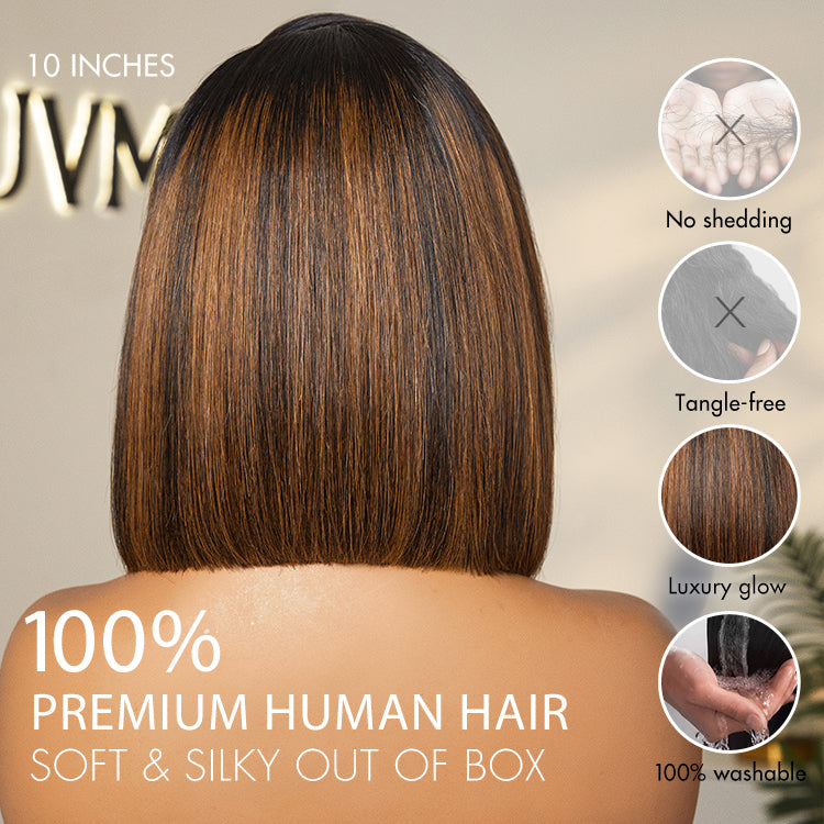 Worth I Brown Highlights Silky Blunt Cut Bob Snugfit Wide T  Lace Wig Pre-Cut Lace