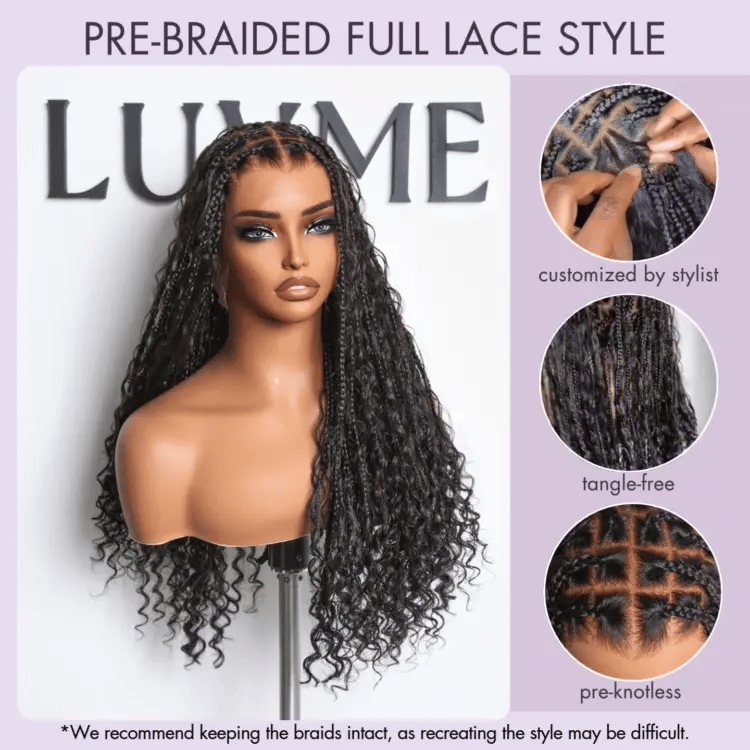 Outlet| Flexi-Fit Invisi Drawstring Cap Full Lace Knotless Boho Curls Braided Long Wig Super Natural Scalp