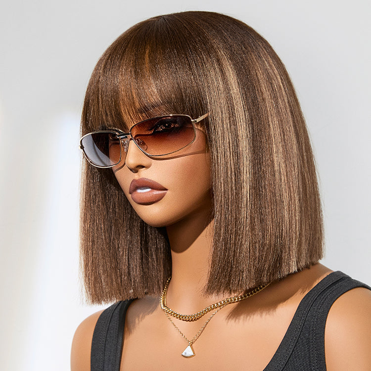 Worth | Ash Blonde Highlights Yaki Blunt Cut Bob Wig with Bangs Glueless Minimalist Lace Short Wig Breathable Cap
