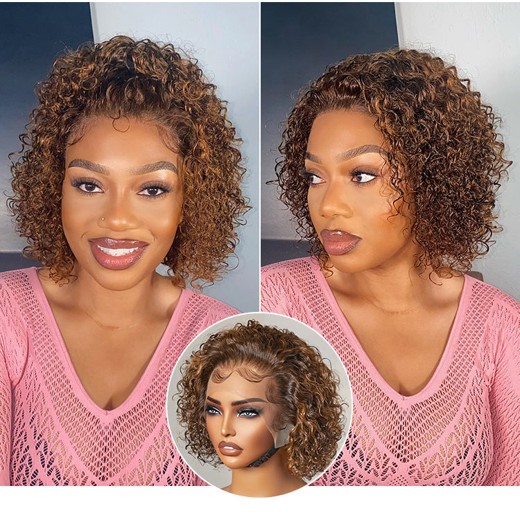 Special I Brown Highlight Short Cut Slicked Back Curly Ear-to-ear Wide T Lace Wig