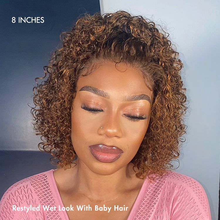 Outlet I Brown Highlight Short Cut Slicked Back Curly Ear-to-ear Wide T Lace Wig