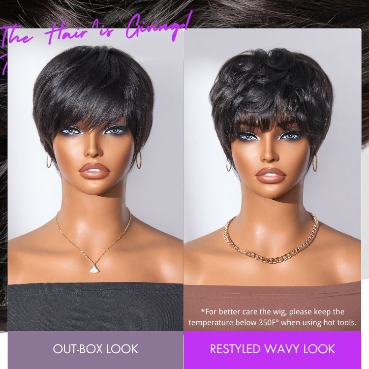 [_lukhozi_n]'s Special Link Throw On & Go Short Cut with Bangs Wig Ultra Comfort Cotton Cap Glueless Wig Hair Loss Friendly