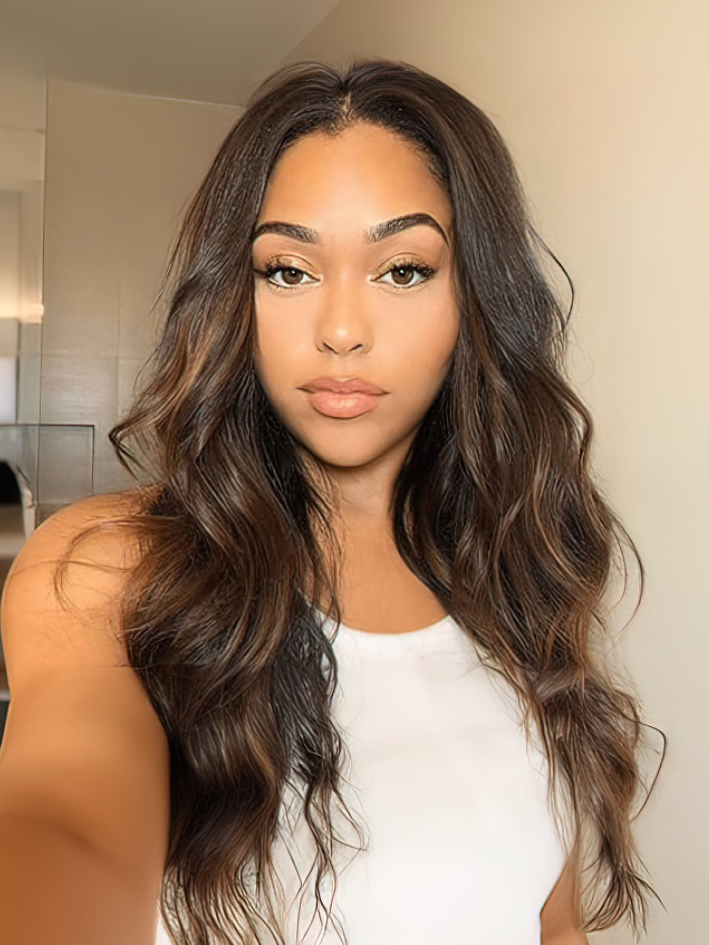 The UNice Balayage Highlight Human Hair Weave #FB30 Body Wave Hair Bundles 3 Bundle Deals visual image position 5 shows a model with long brown hair and a white top |.
