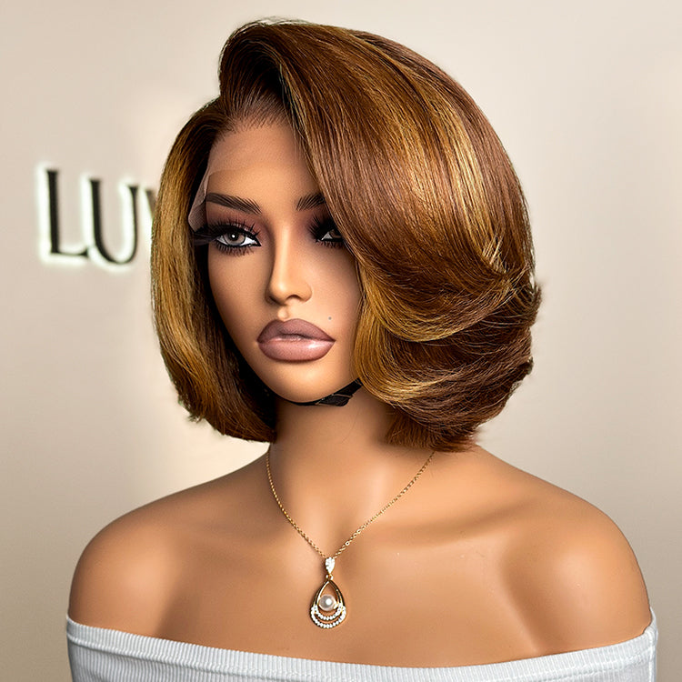 Worth | Toffee Brown Mix Blonde / Natural Black Layered Cut Glueless 5x5 Closure Lace Bob Wig
