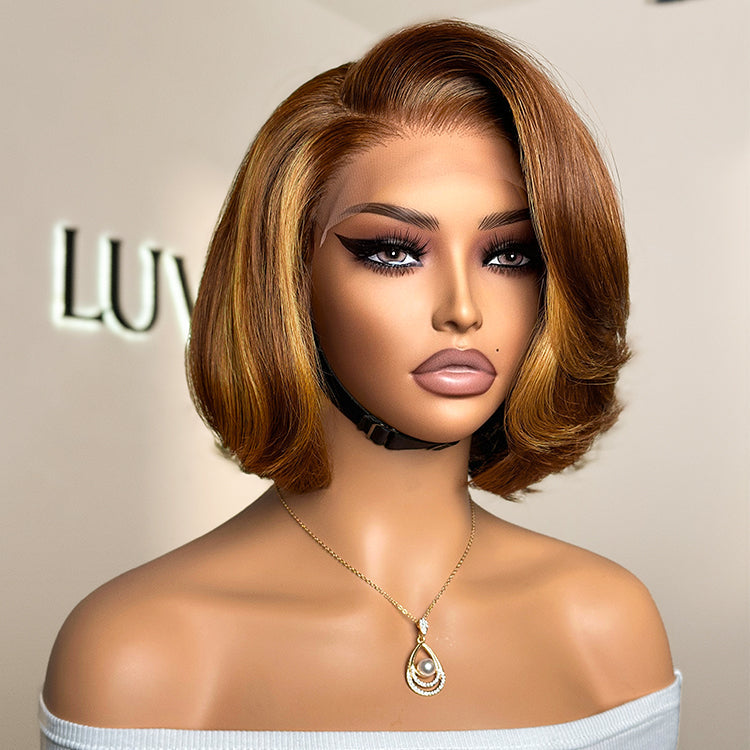 Worth | Toffee Brown Mix Blonde / Natural Black Layered Cut Glueless 5x5 Closure Lace Bob Wig