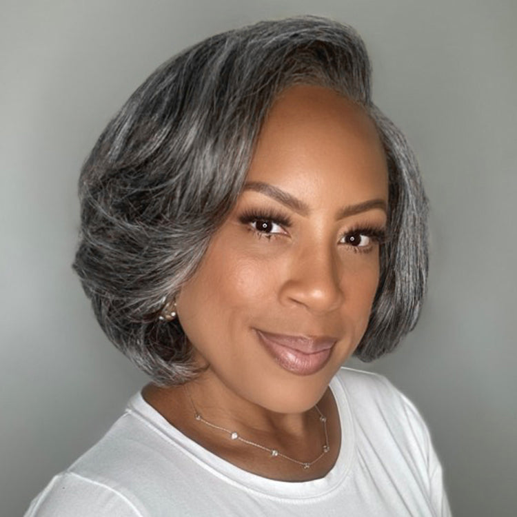 Worth I Boss Vibe Salt & Pepper Layered Bob Glueless Pre-Cut Minimalist Lace Grey Wig