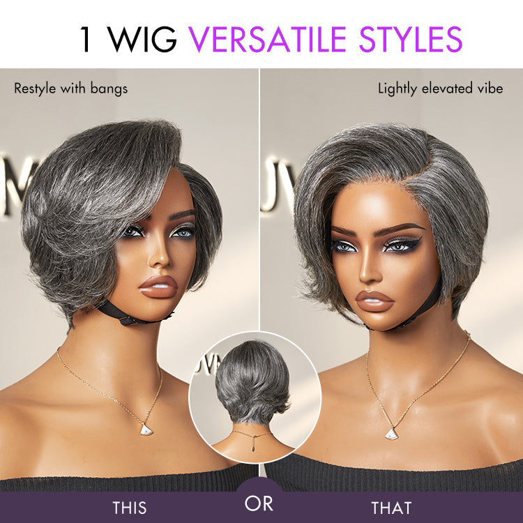 Worth I Salt and Pepper Short Pixie Cut Wig Glueless Minimalist HD Lace Grey Wig Pre-Cut Lace