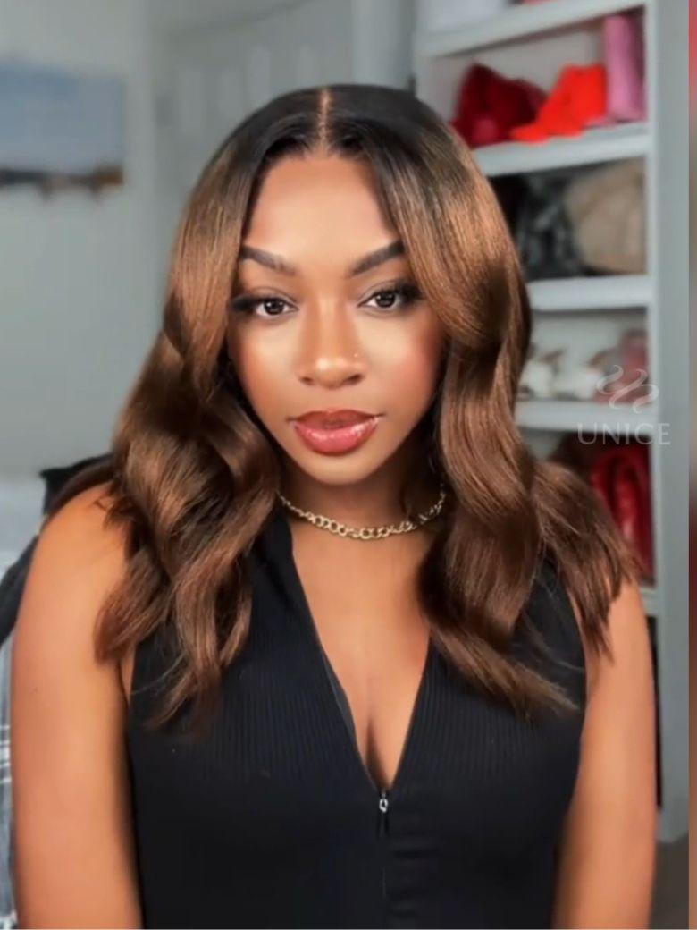 A model displays the UNice Bye Bye Slip 7x5 & 13x4 Lace Black to Chestnut Brown Ombre Yaki Bob Wig, showing a model with long hair and a black top and yaki texture.