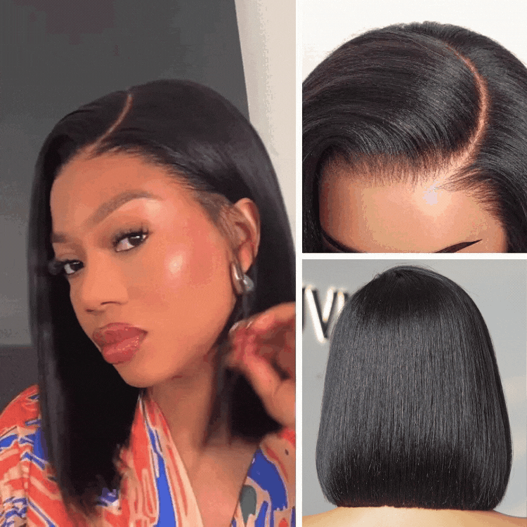 PreMax Wigs | Natural Black / Brown Highlight / Ginger Ombre Super Natural Hairline Silky Blunt Cut Glueless 13x4 Frontal Lace Human Hair Short Bob Wig