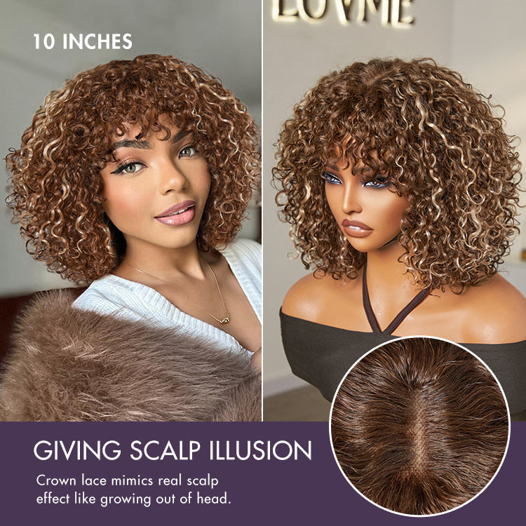 Special | Beginner Friendly Ash Blonde Highlights Water Wave True Scalp Minimalist Lace Glueless Curly Wig with Bangs
